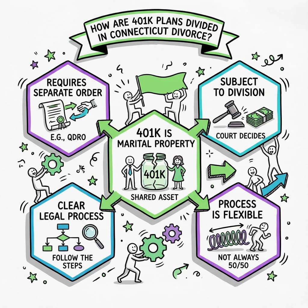 Sketchnote visual guide for How are 401k plans divided in Connecticut divorce?