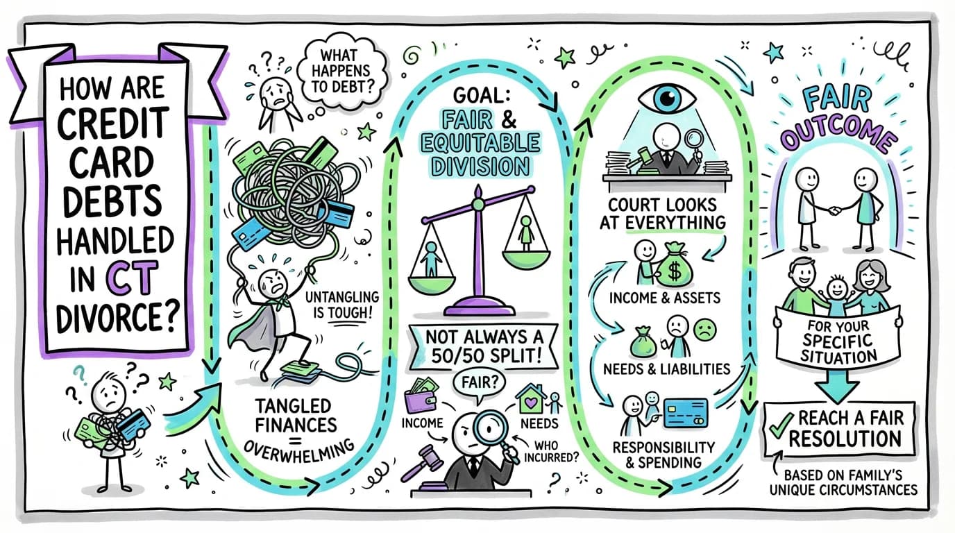 Sketchnote visual guide for How are credit card debts handled in Connecticut divorce?