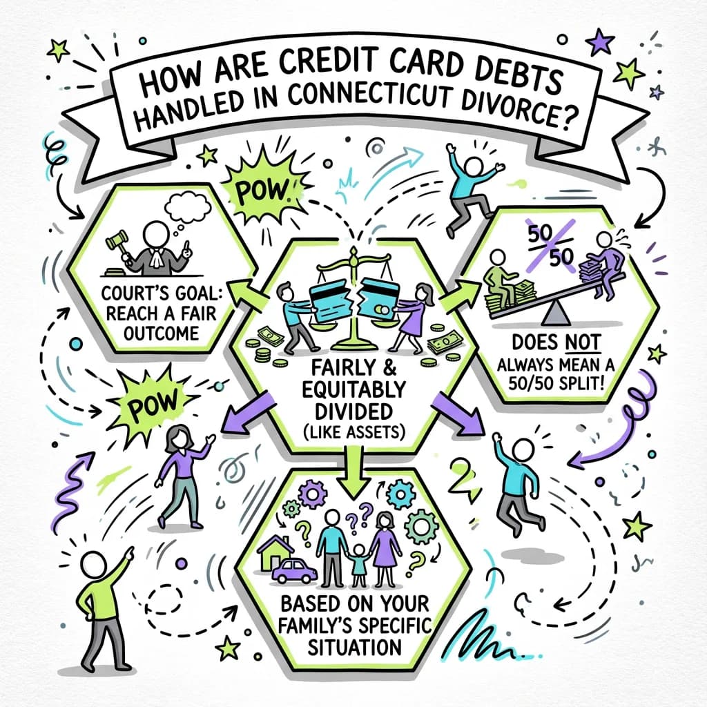 Sketchnote visual guide for How are credit card debts handled in Connecticut divorce?