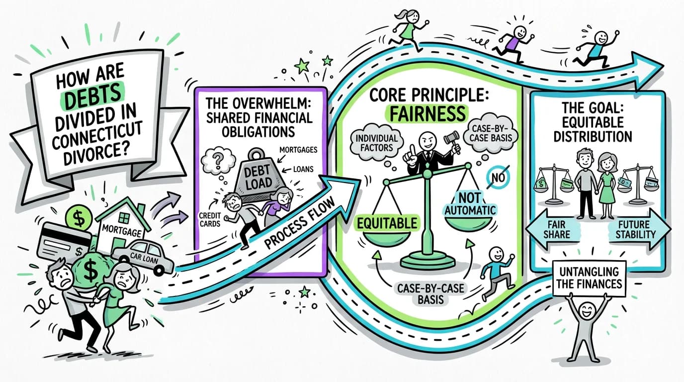 Sketchnote visual guide for How are debts divided in Connecticut divorce?