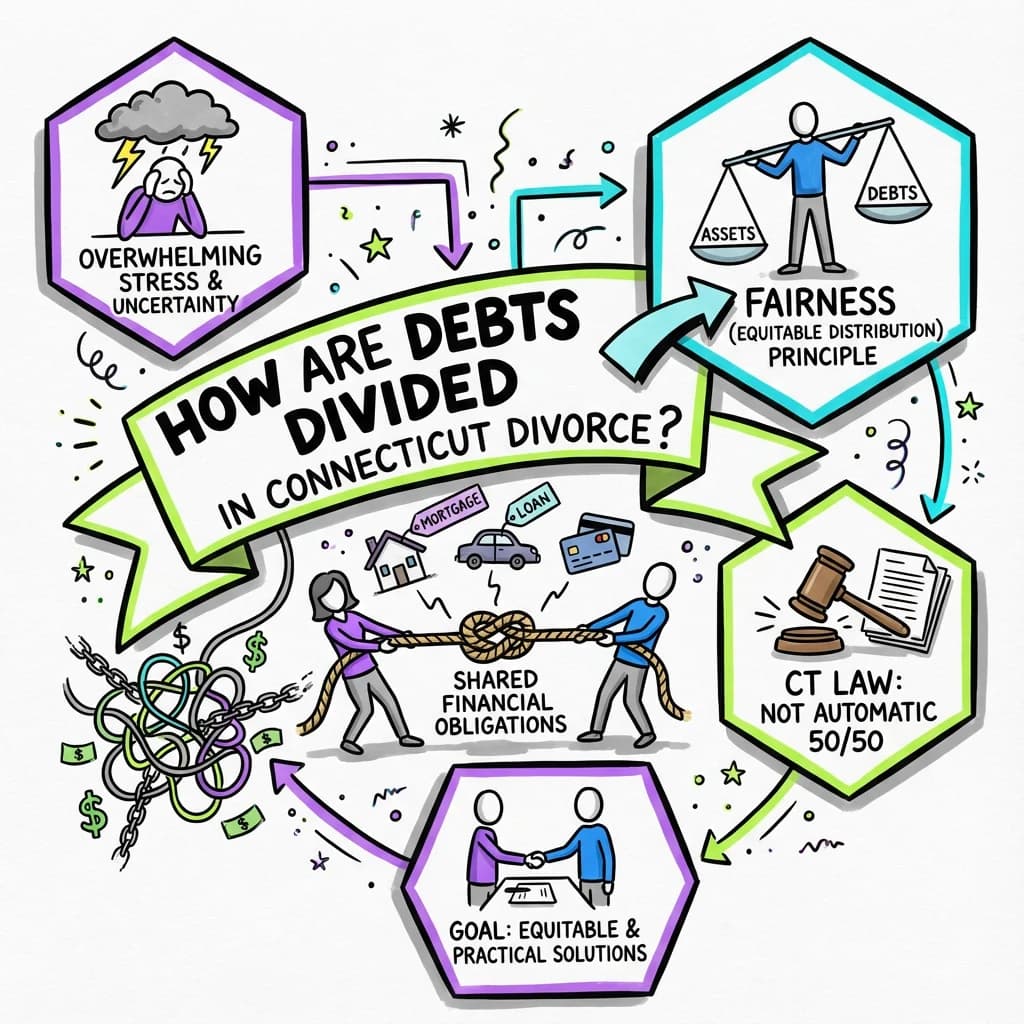 Sketchnote visual guide for How are debts divided in Connecticut divorce?