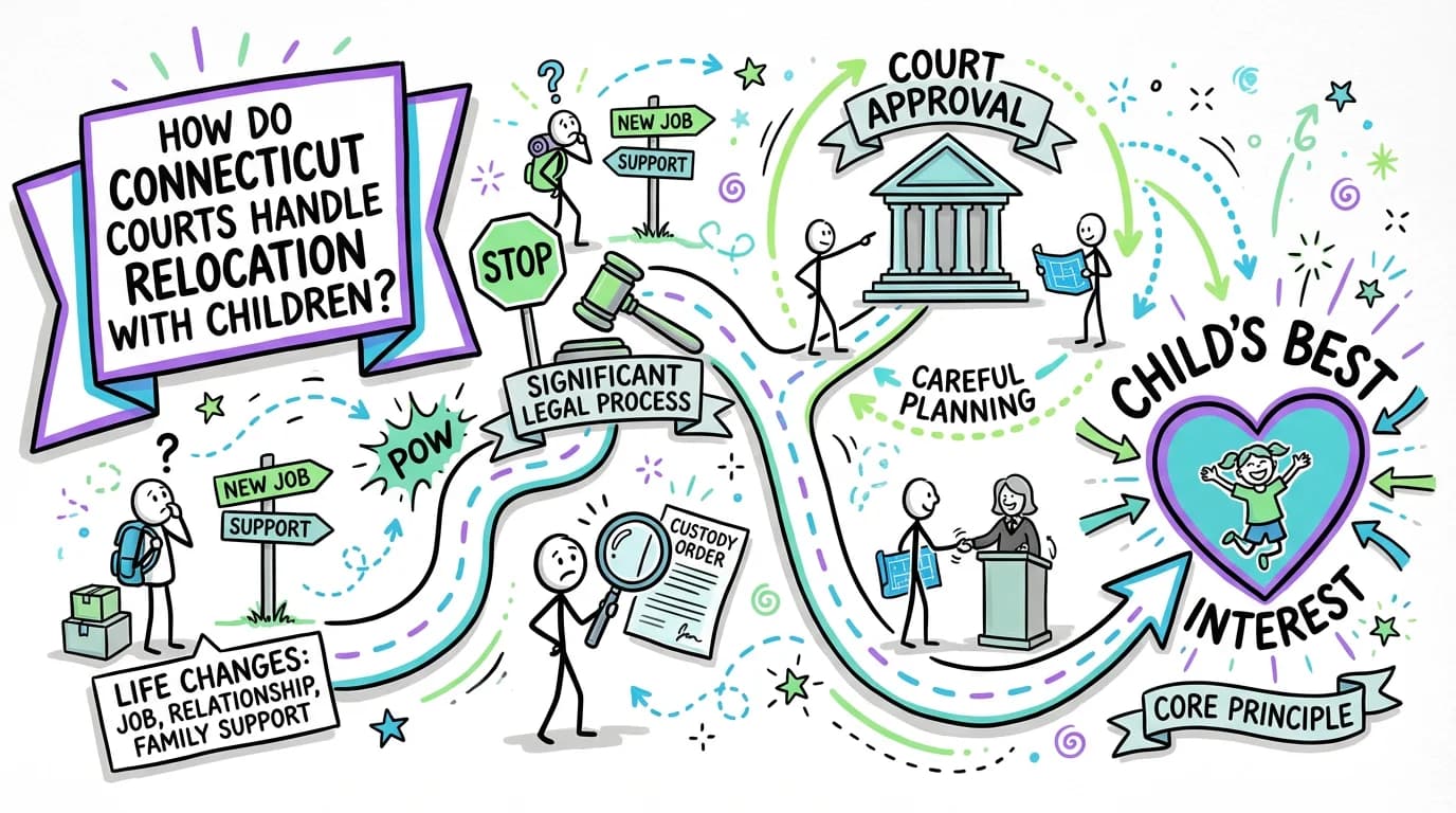 Sketchnote visual guide for How do Connecticut courts handle relocation with children?
