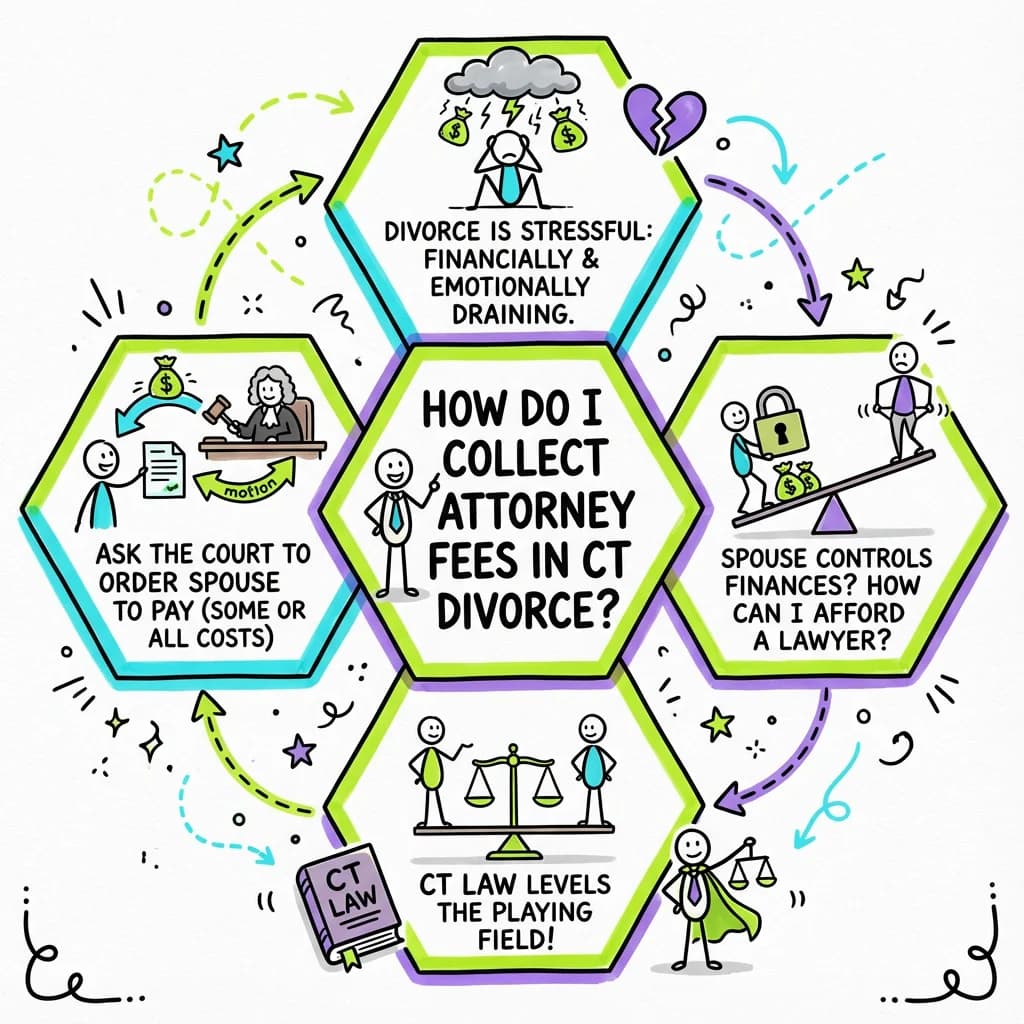 Sketchnote visual guide for How do I collect attorney fees in Connecticut divorce?