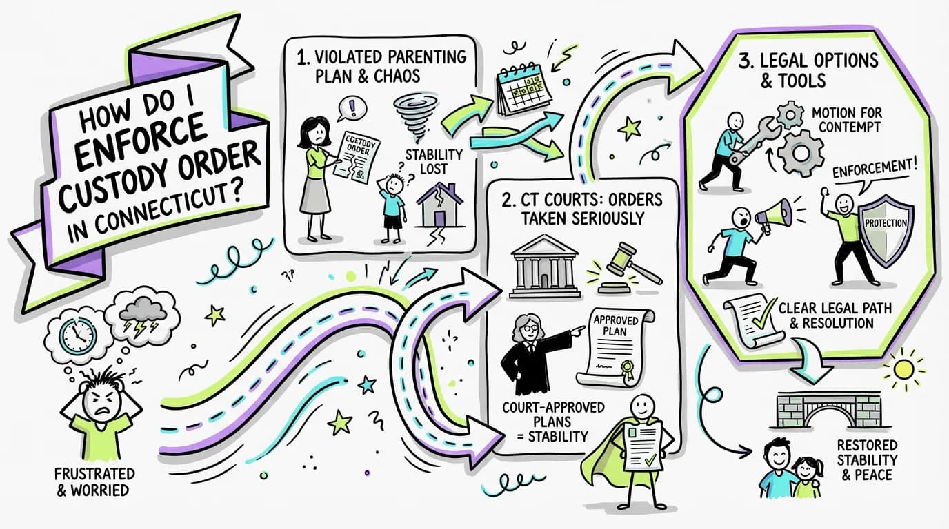 Sketchnote visual guide for How do I enforce a custody order in Connecticut?