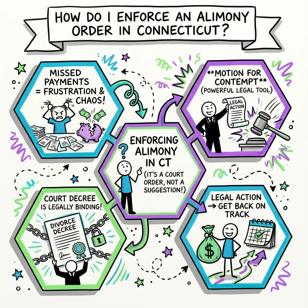 Sketchnote visual guide for How do I enforce an alimony order in Connecticut?