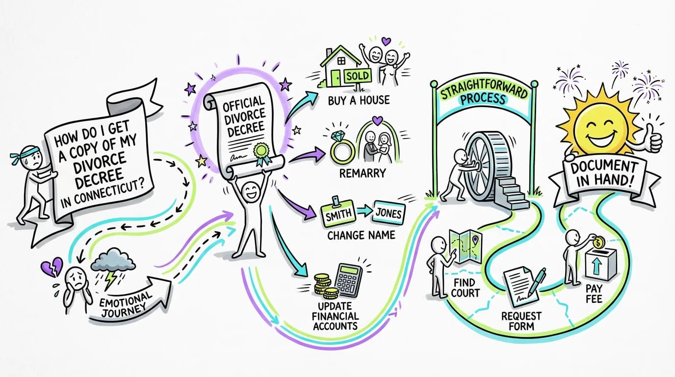 Sketchnote visual guide for How do I get a copy of my divorce decree in Connecticut?