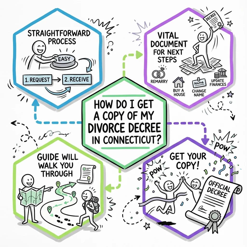 Sketchnote visual guide for How do I get a copy of my divorce decree in Connecticut?