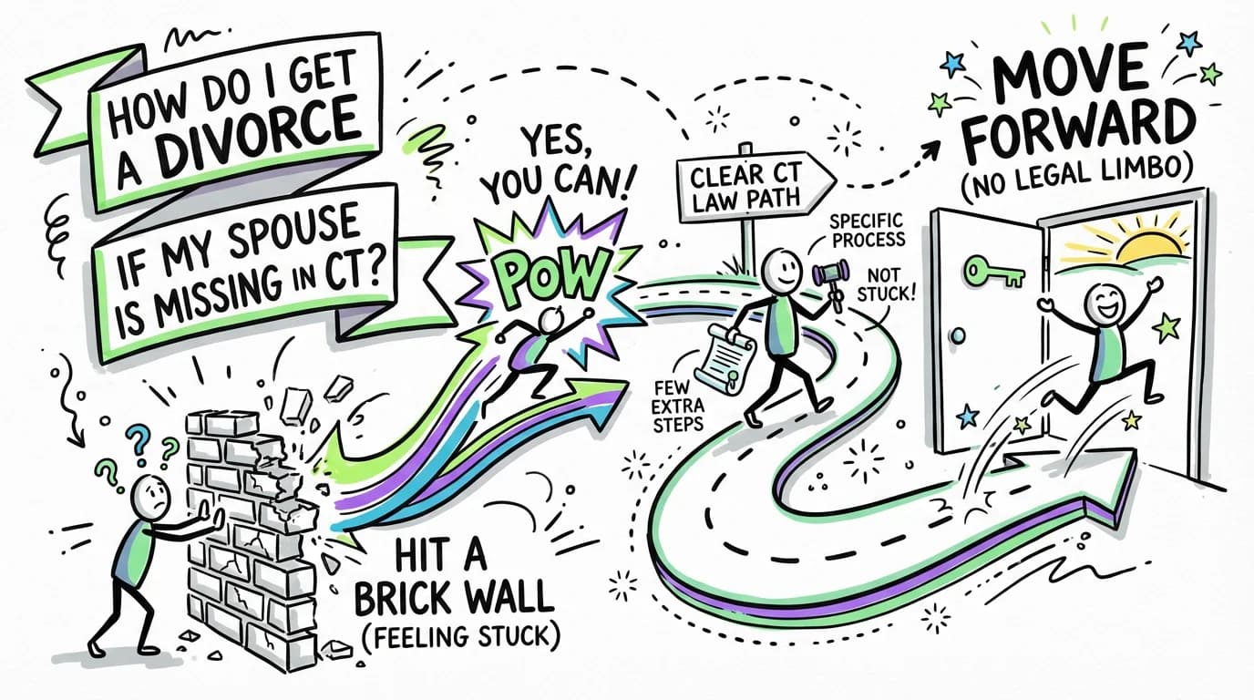 Sketchnote visual guide for How do I get a divorce if my spouse is missing in Connecticut?