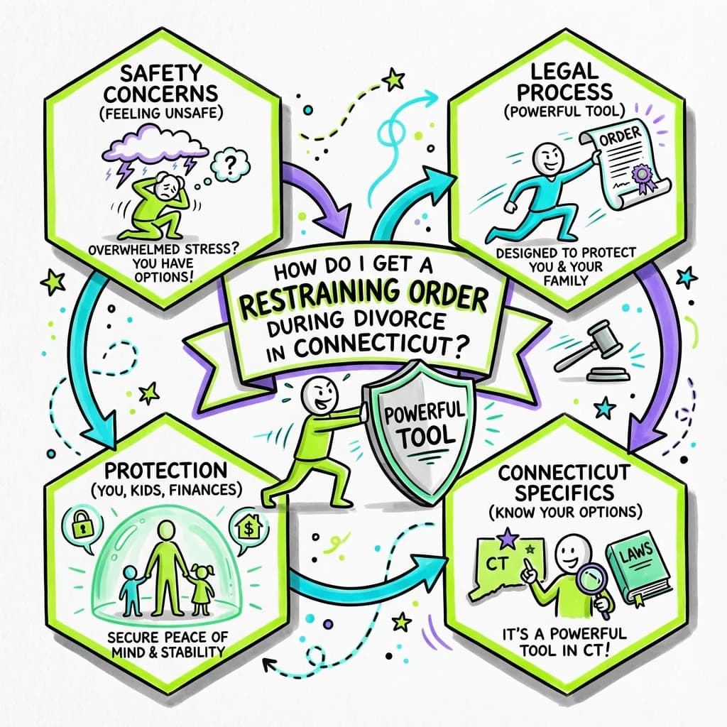 Sketchnote visual guide for How do I get a restraining order during divorce in Connecticut?