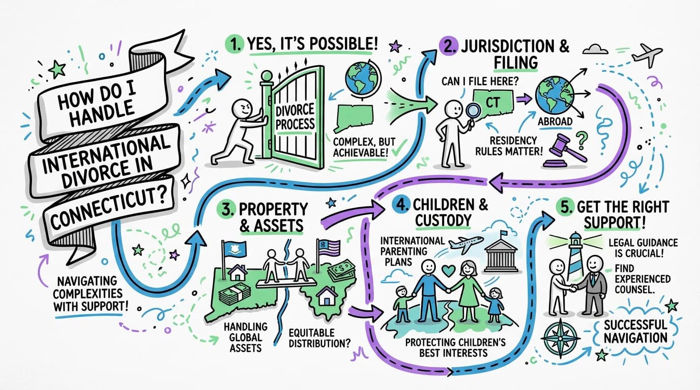 Sketchnote visual guide for How do I handle international divorce in Connecticut?