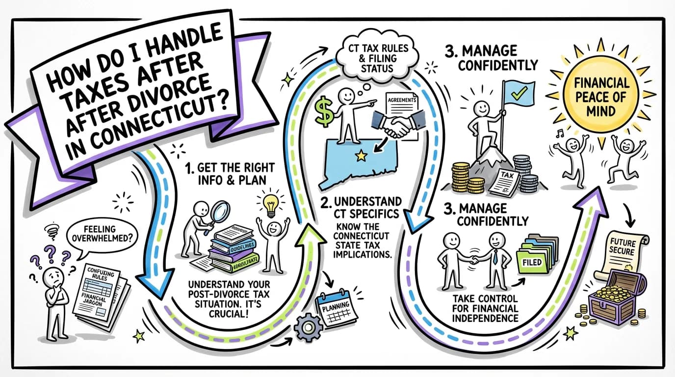 Sketchnote visual guide for How do I handle taxes after divorce in Connecticut?