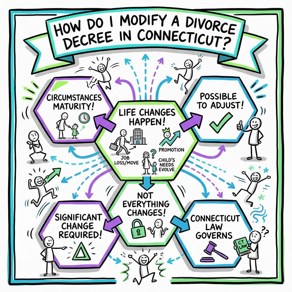 Sketchnote visual guide for How do I modify a divorce decree in Connecticut?