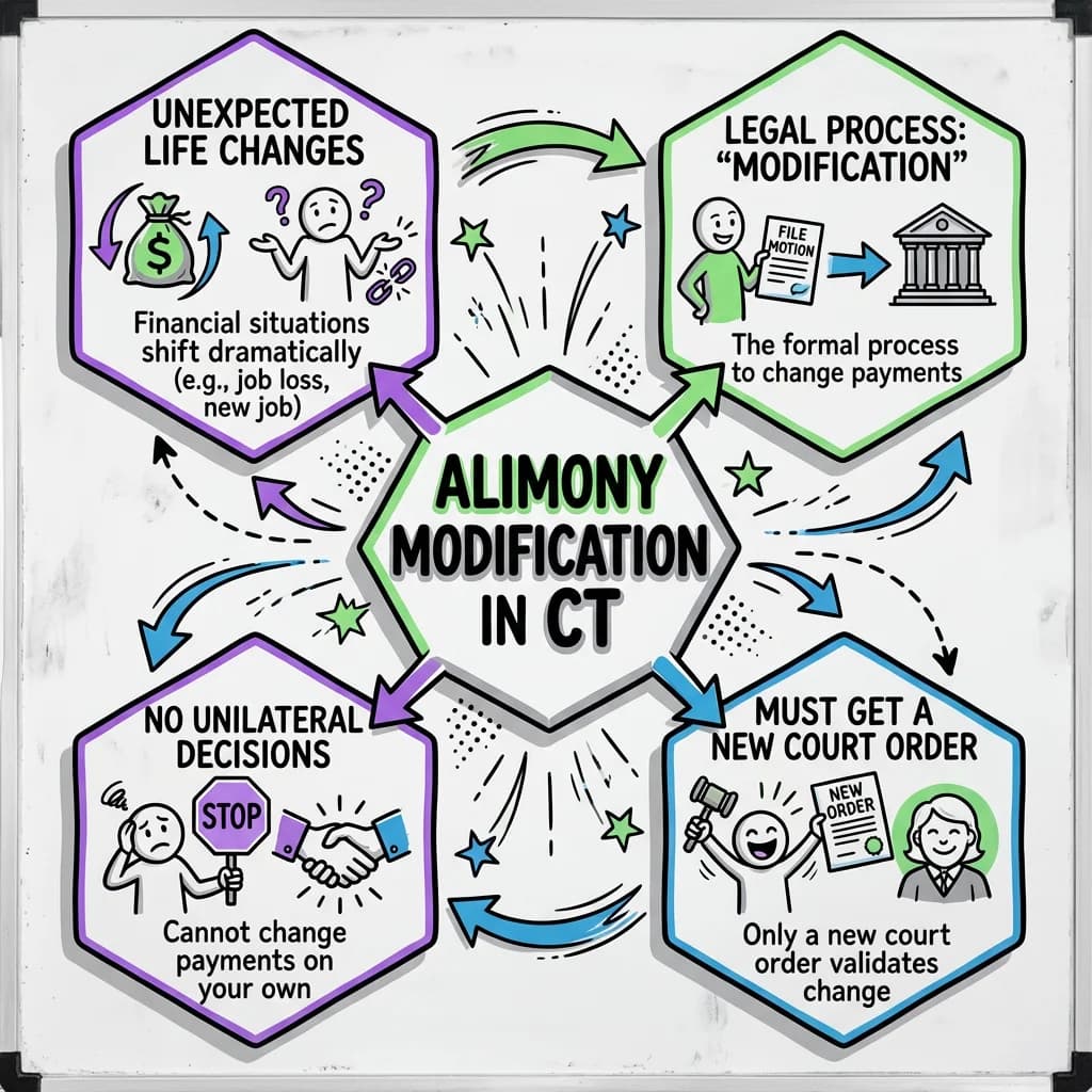 Sketchnote visual guide for How do I request alimony modification in Connecticut?