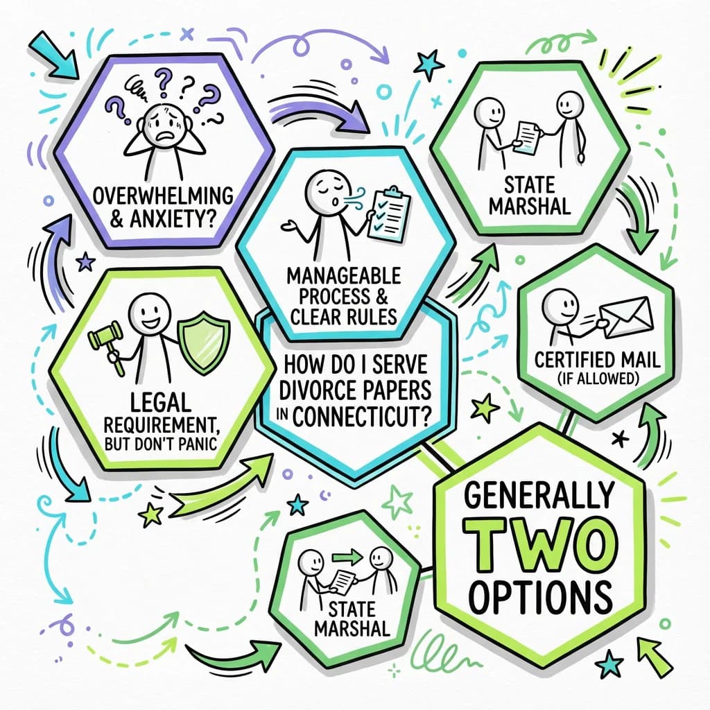 Sketchnote visual guide for How do I serve divorce papers in Connecticut?