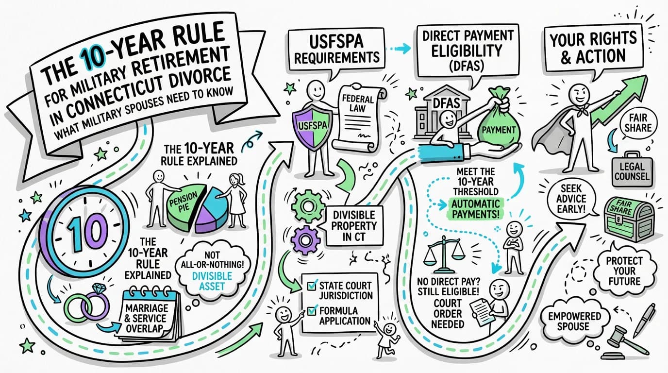 Sketchnote visual guide for The 10-Year Rule for Military Retirement in Connecticut Divorce | What Military Spouses Need to Know