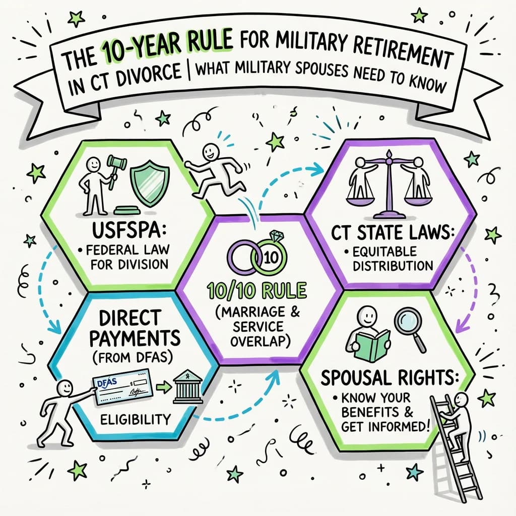 Sketchnote visual guide for The 10-Year Rule for Military Retirement in Connecticut Divorce | What Military Spouses Need to Know