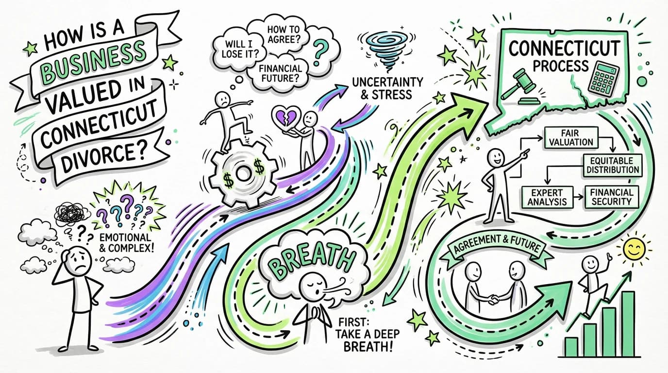 Sketchnote visual guide for How is a business valued in Connecticut divorce?