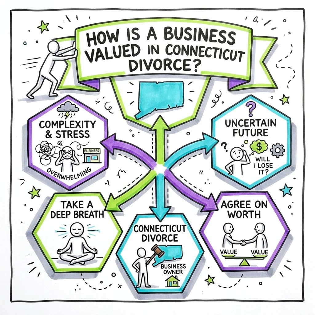 Sketchnote visual guide for How is a business valued in Connecticut divorce?
