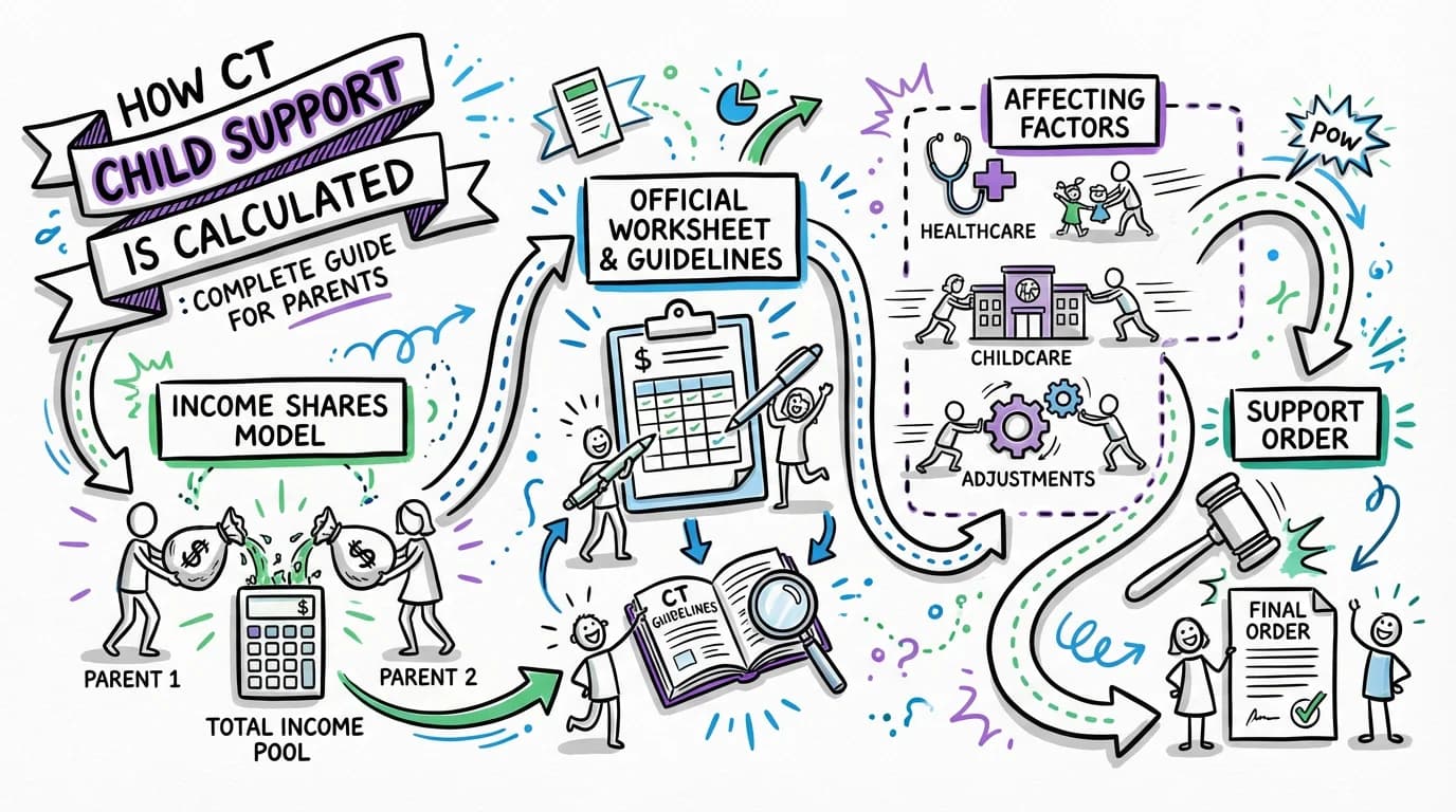 Sketchnote visual guide for How is child support calculated in Connecticut?