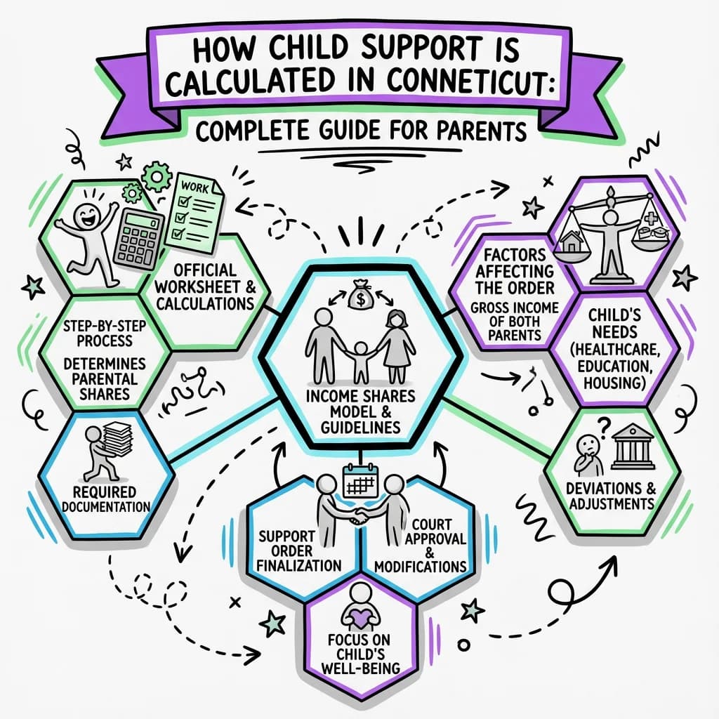 Sketchnote visual guide for How is child support calculated in Connecticut?