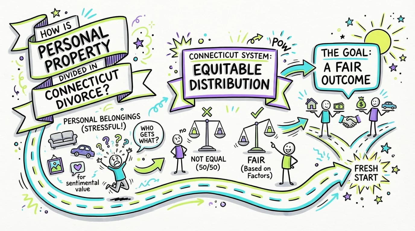 Sketchnote visual guide for How is personal property divided in Connecticut divorce?