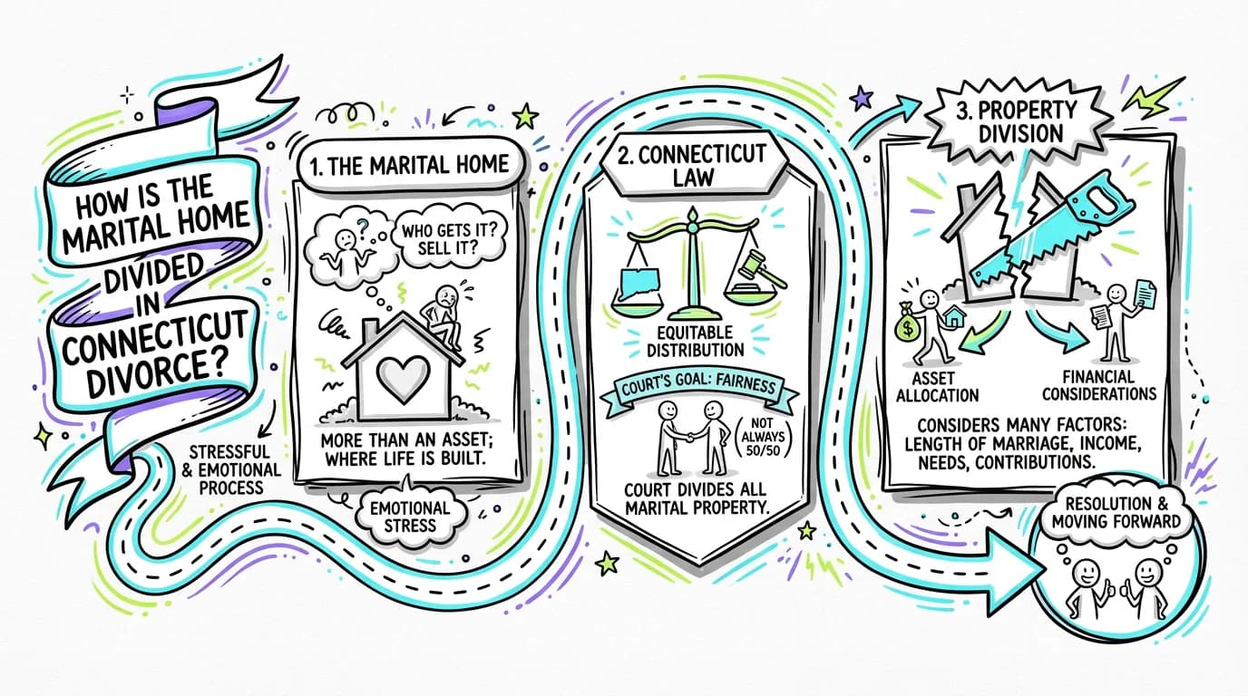 Sketchnote visual guide for How is the marital home divided in Connecticut divorce?