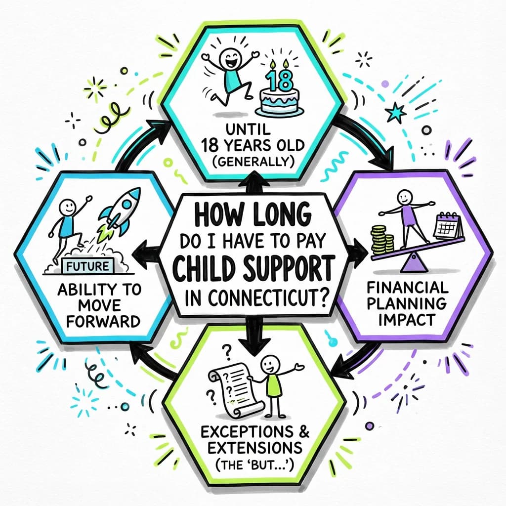 Sketchnote visual guide for How long do I have to pay child support in Connecticut?