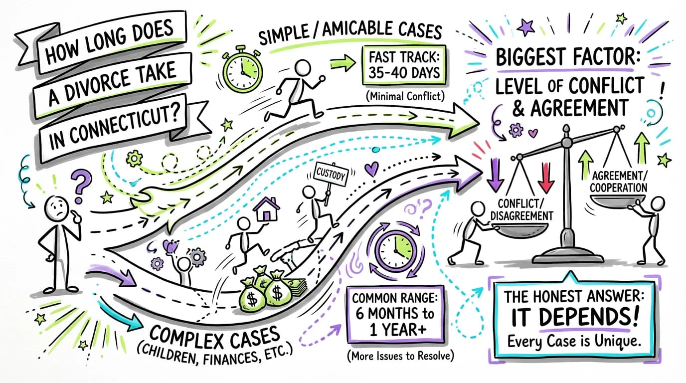 Sketchnote visual guide for How long does a divorce take in Connecticut?