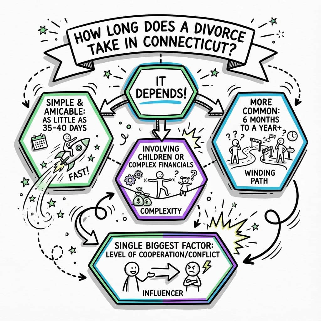 Sketchnote visual guide for How long does a divorce take in Connecticut?
