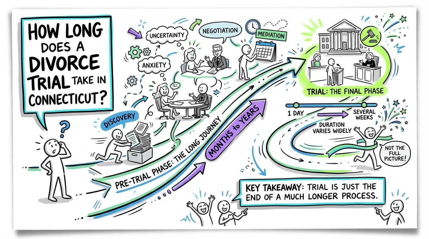 Sketchnote visual guide for How long does a divorce trial take in Connecticut?