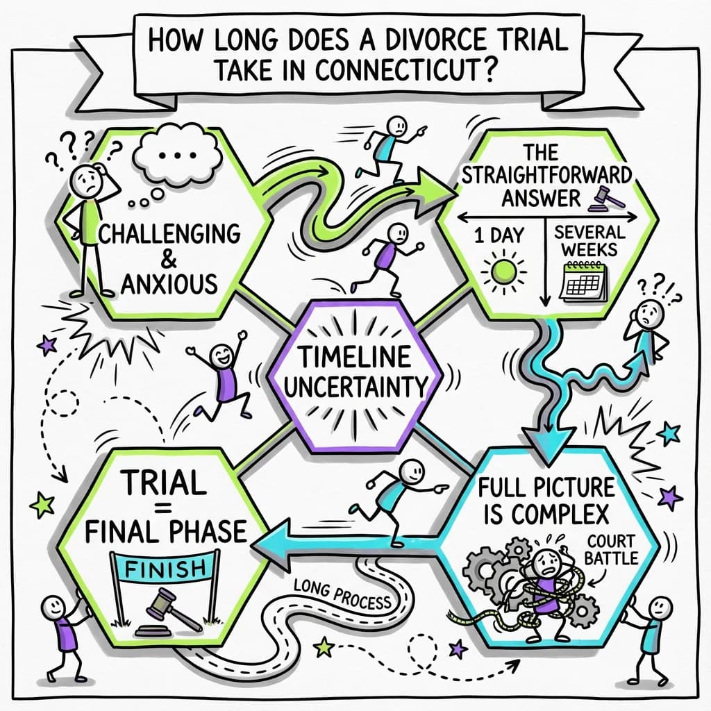 Sketchnote visual guide for How long does a divorce trial take in Connecticut?