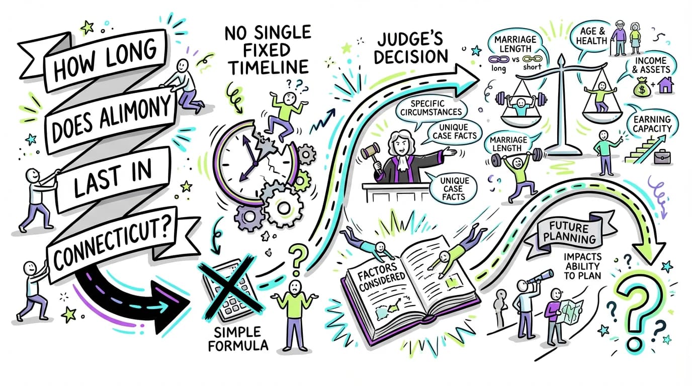 Sketchnote visual guide for How long does alimony last in Connecticut?