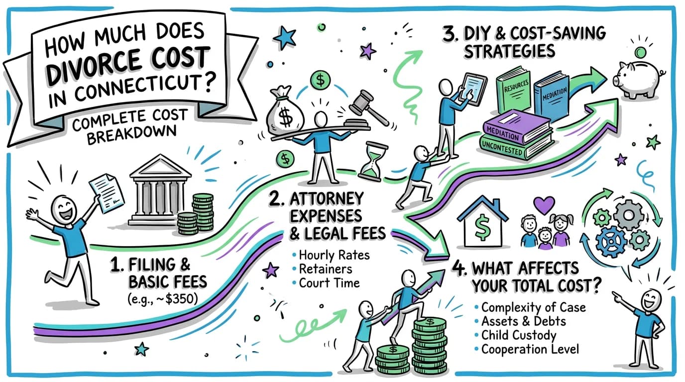 Sketchnote visual guide for How Much Does Divorce Cost in Connecticut? Complete Cost Breakdown