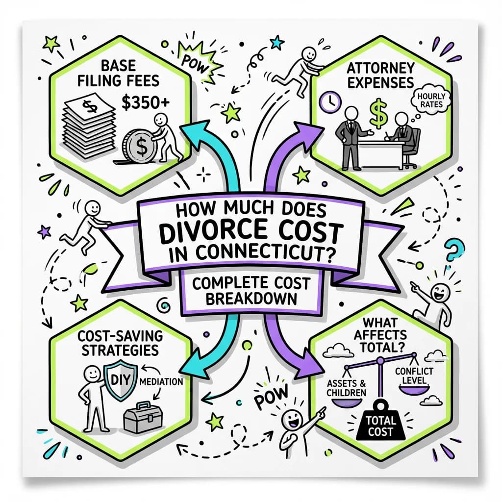 Sketchnote visual guide for How Much Does Divorce Cost in Connecticut? Complete Cost Breakdown