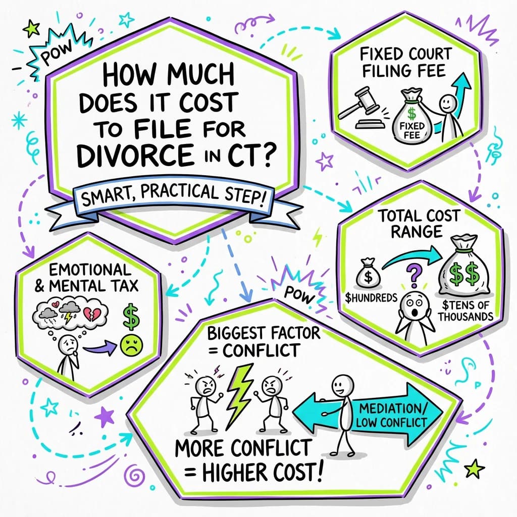 Sketchnote visual guide for How much does it cost to file for divorce in Connecticut?