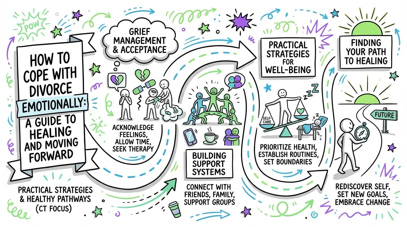 Visual overview showing the key steps and concepts for How to Cope with Divorce Emotionally: A Guide to Healing and Moving Forward in Connecticut