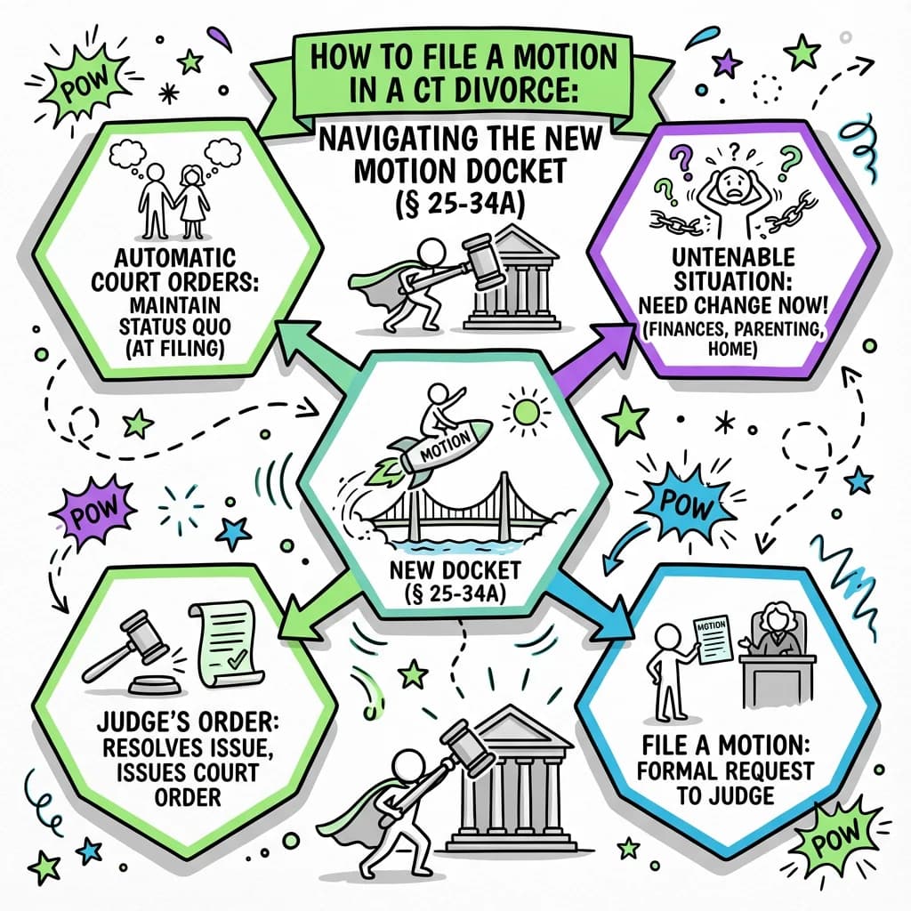 Sketchnote visual guide for How to File a Motion in a CT Divorce: Navigating the New Motion Docket (§ 25-34A)