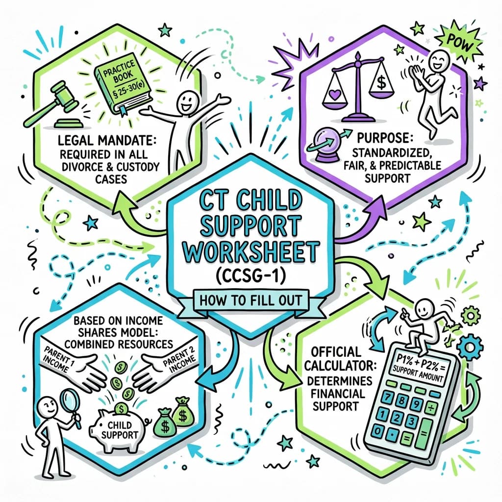 Sketchnote visual guide for How to Fill Out the Connecticut Child Support Worksheet (CCSG-1)