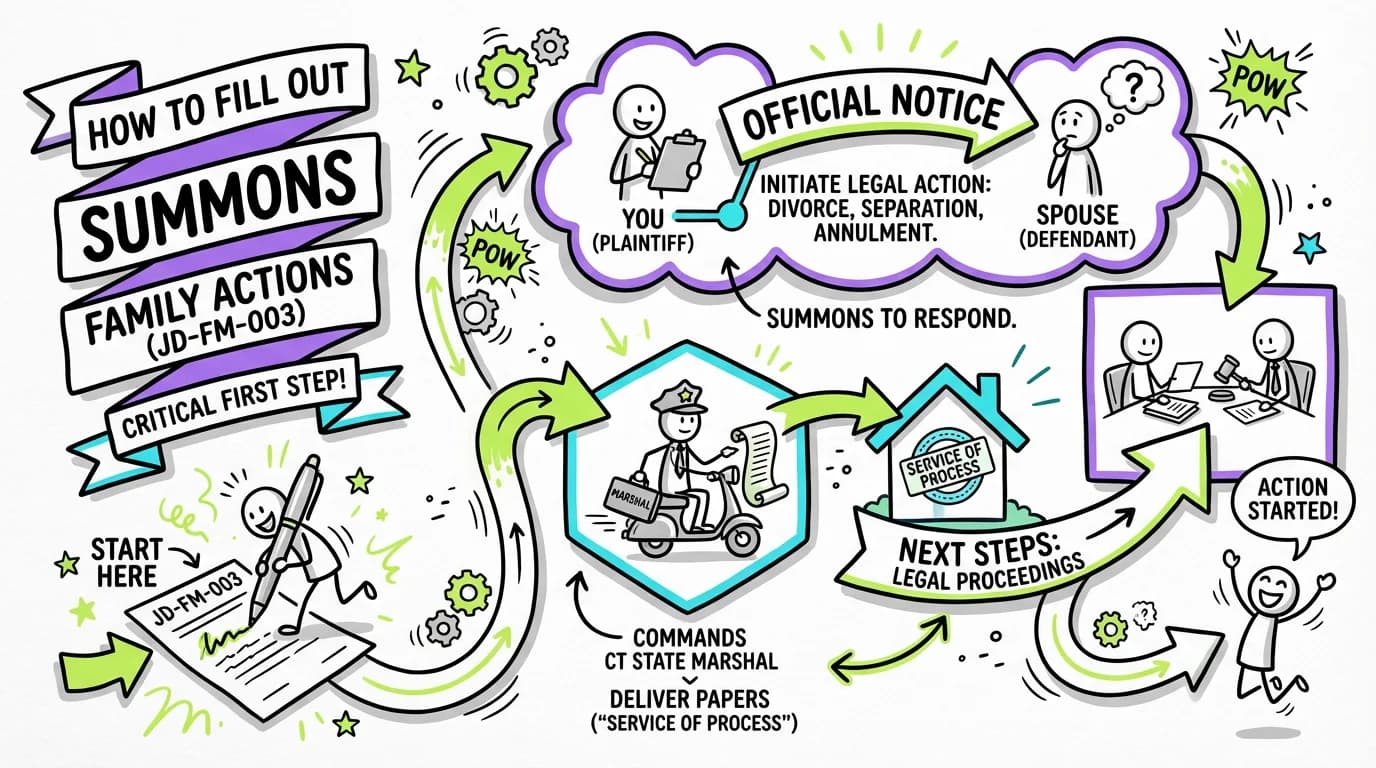 Sketchnote visual guide for How to Fill Out Summons Family Actions (JD-FM-003)