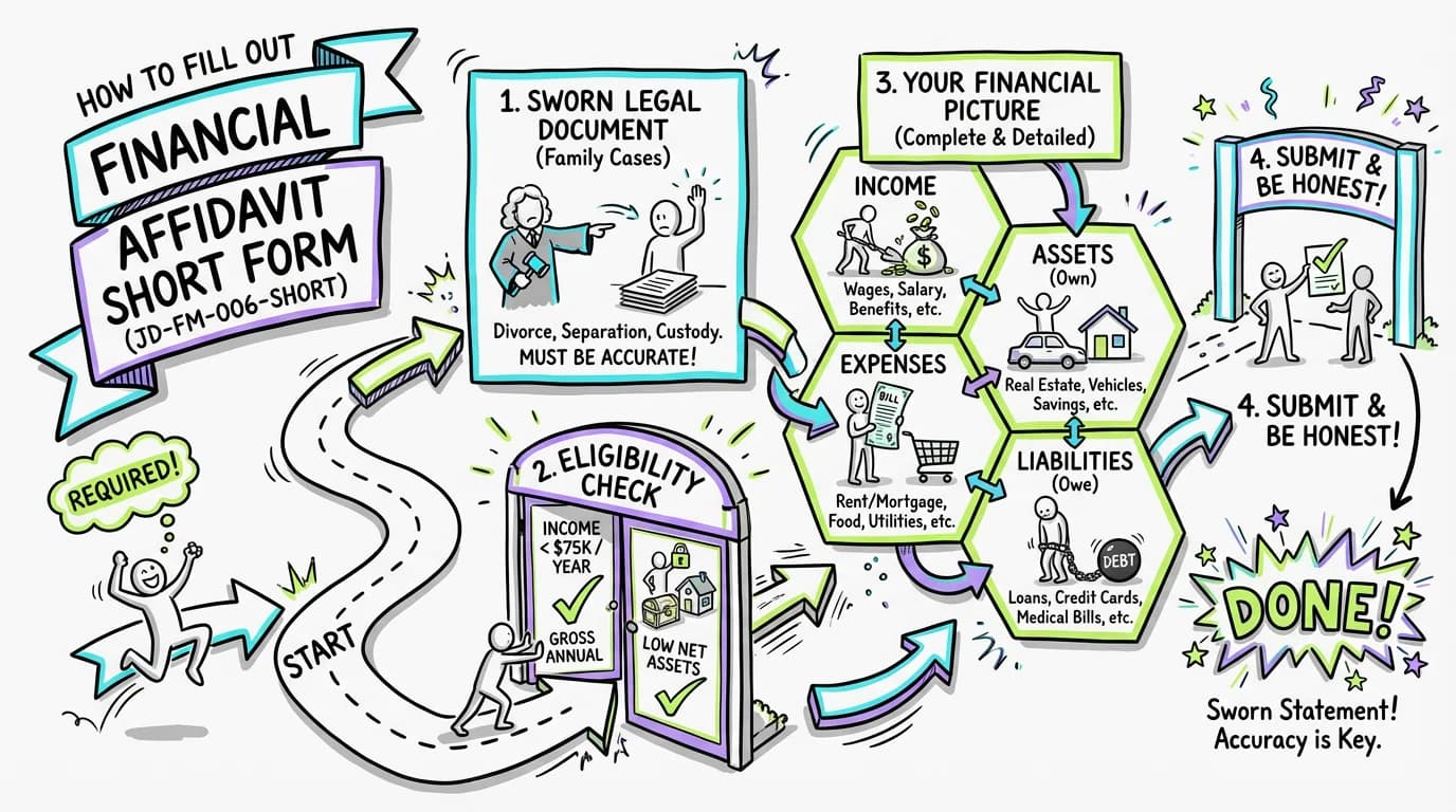 Sketchnote visual guide for How to Fill Out Financial Affidavit Short Form (JD-FM-006-SHORT)