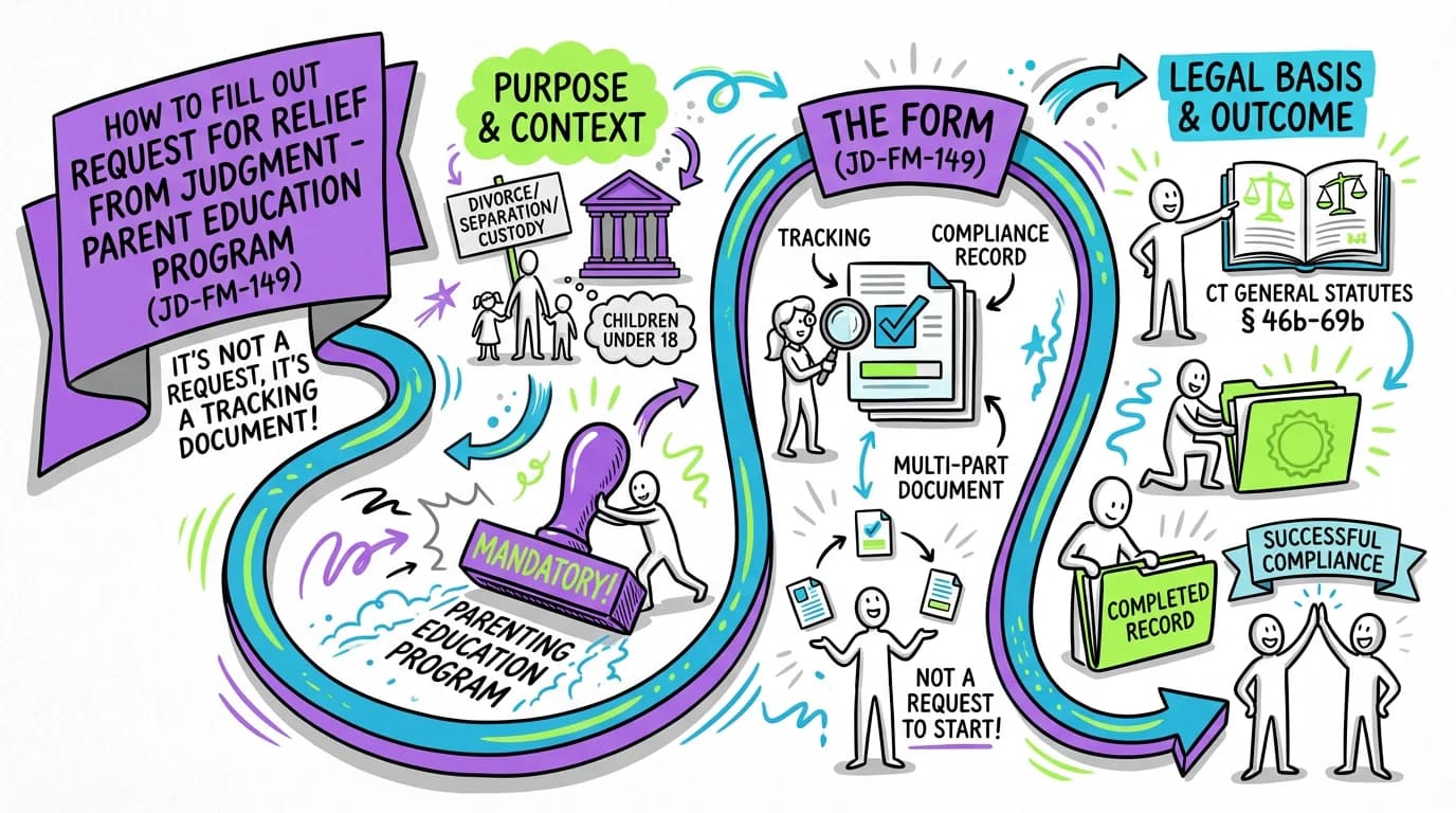 Sketchnote visual guide for How to Fill Out Request for Relief from Judgment - Parent Education Program (JD-FM-149)