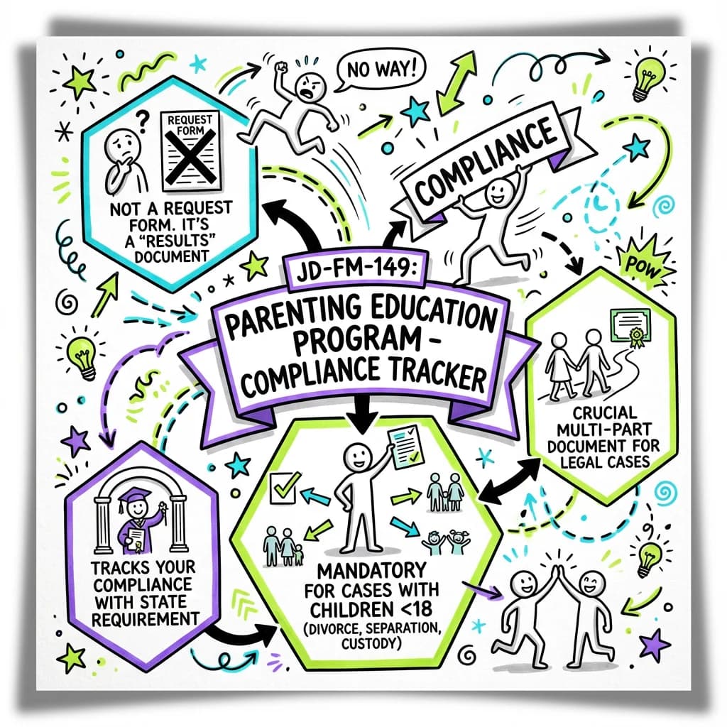Sketchnote visual guide for How to Fill Out Request for Relief from Judgment - Parent Education Program (JD-FM-149)