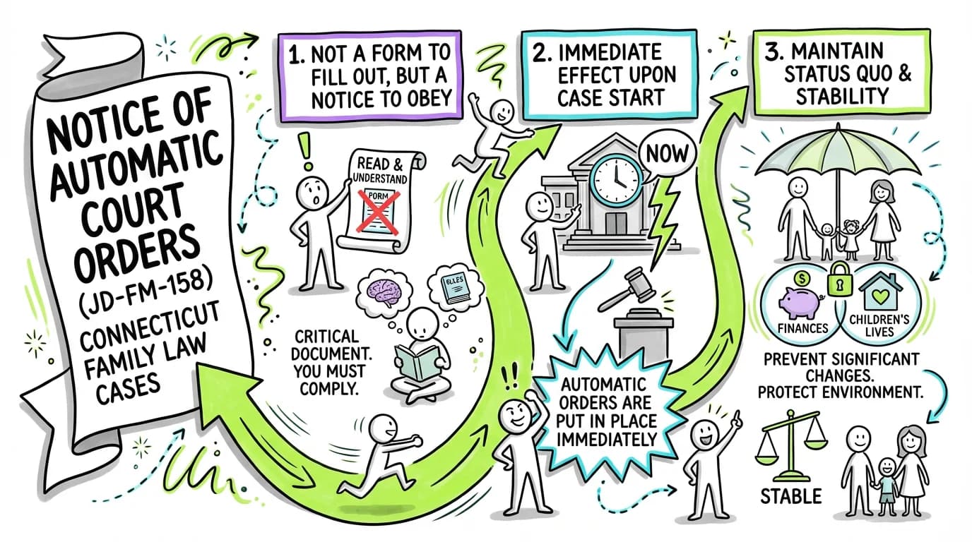 Sketchnote visual guide for Key information about the Notice of Automatic Court Orders (JD-FM-158)