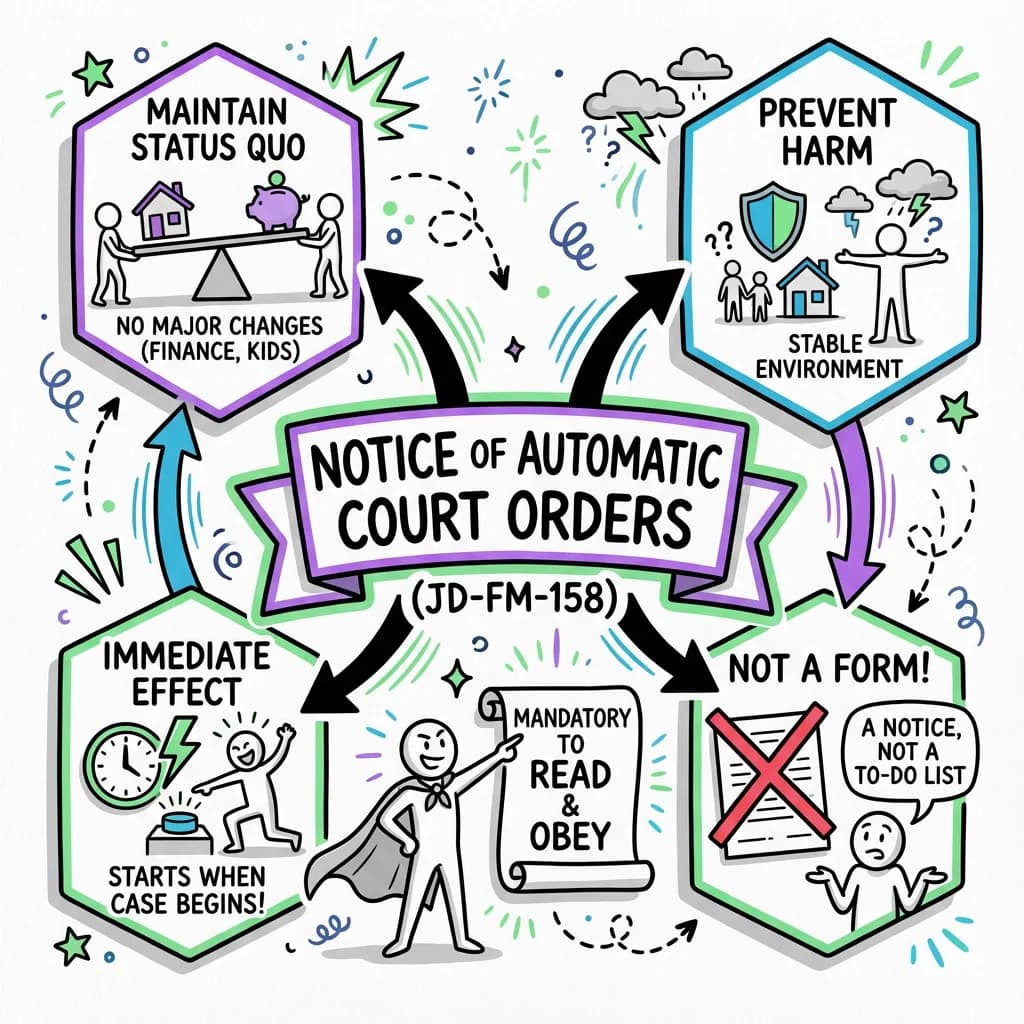 Sketchnote visual guide for Key information about the Notice of Automatic Court Orders (JD-FM-158)