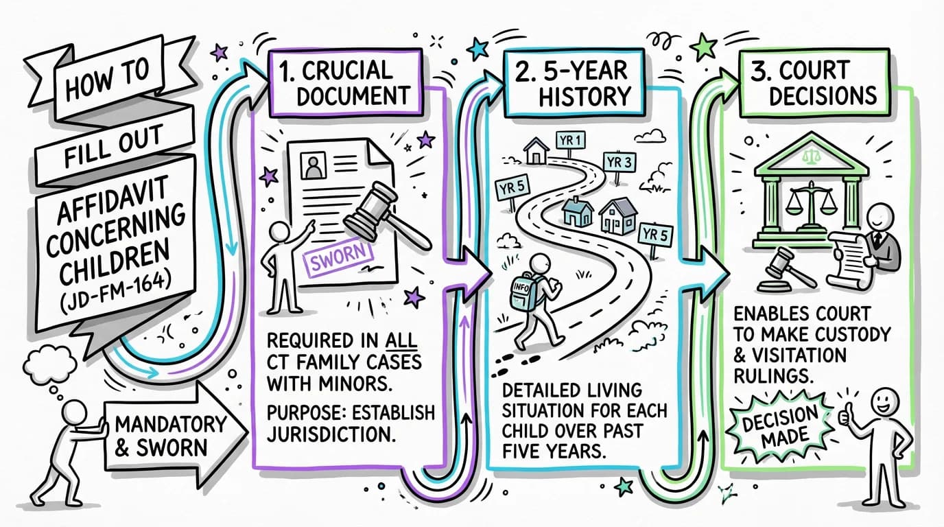 Sketchnote visual guide for How to Fill Out Affidavit Concerning Children (JD-FM-164)
