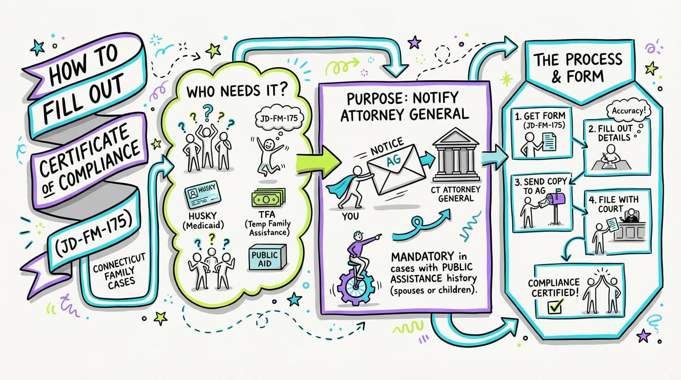Sketchnote visual guide for How to Fill Out Certificate of Compliance (JD-FM-175)