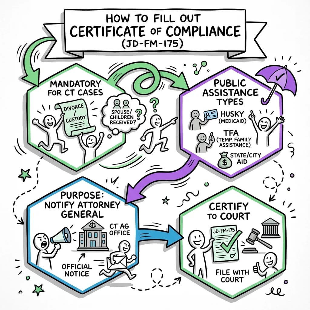 Sketchnote visual guide for How to Fill Out Certificate of Compliance (JD-FM-175)
