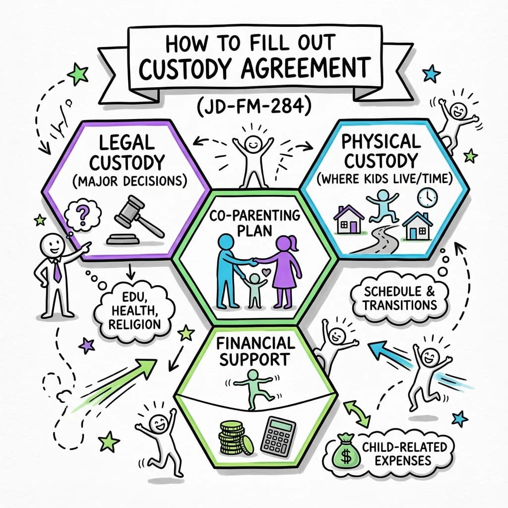 Sketchnote visual guide for How to Fill Out Custody Agreement and Parenting Plan (JD-FM-284)