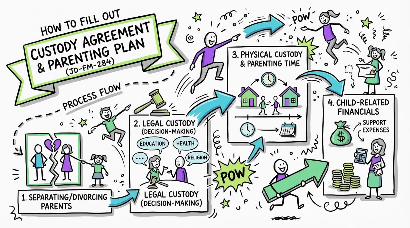 Sketchnote visual guide for How to Fill Out Custody Agreement and Parenting Plan (JD-FM-284)