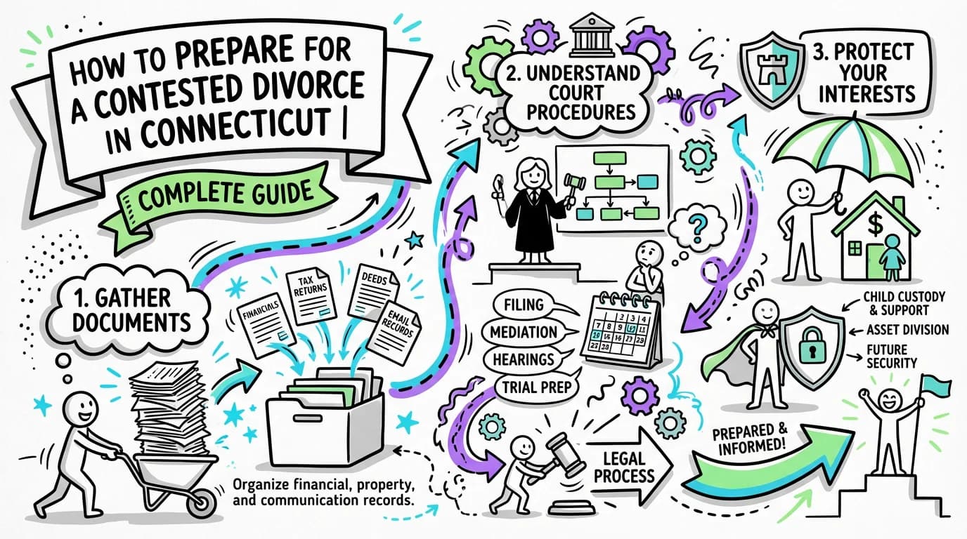 Visual overview showing the key steps and concepts for How to Prepare for a Contested Divorce in Connecticut | Complete Guide in Connecticut
